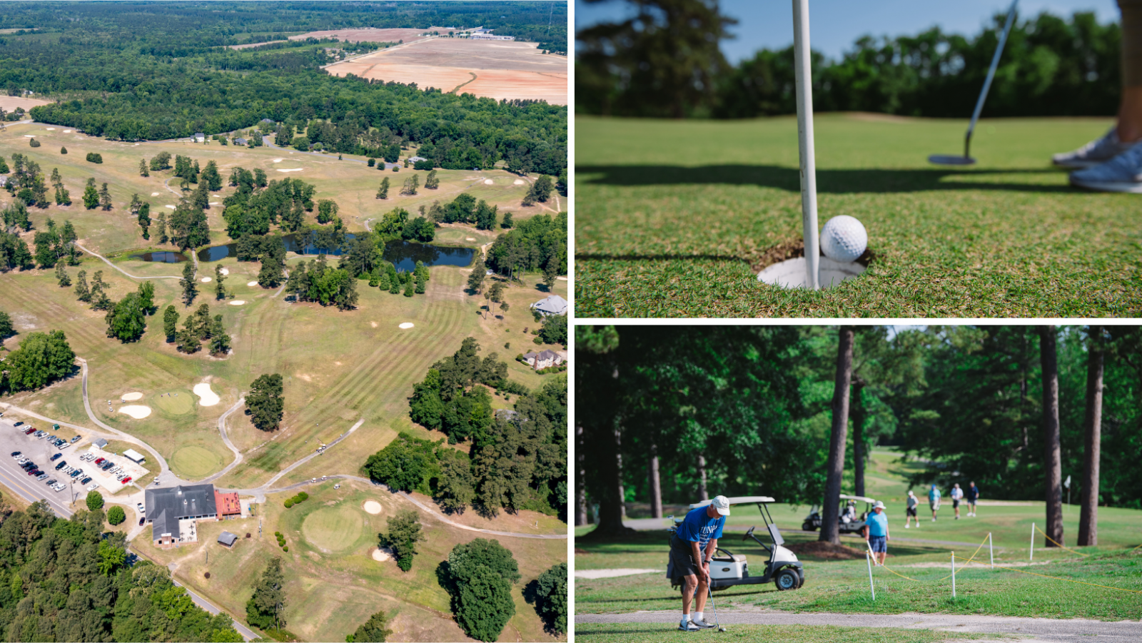 Collage of golf images, golf ball in in hole, arial view of course, and golfers in the woods 